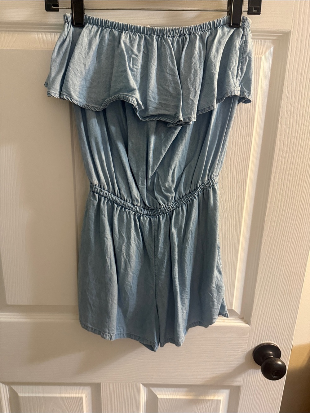 aerie Light Blue Off-Shoulder Romper with Ruffle